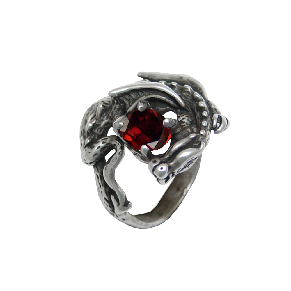 Sterling Silver Detailed Dragon Ring With Garnet Size 9